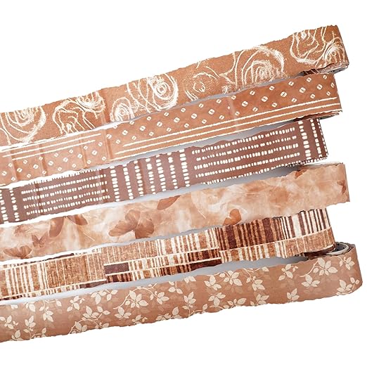 Tea-Dyed Scrapbook Washi Tape Set – 6 Rolls with Metal Clip, Torn Edge Brown Patterns Vintage Journal Collage Supplies for Junk Journal, Planner, Cardmaking & DIY Crafts