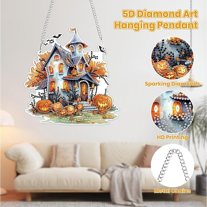 MOGTAA Halloween Diamond Art Hanging Pendant Kits, Pumpkin House Diamond Art Kits for Adults, 5D Special Shape Diamond Painting Gem Art for Home Garden Wall Decor