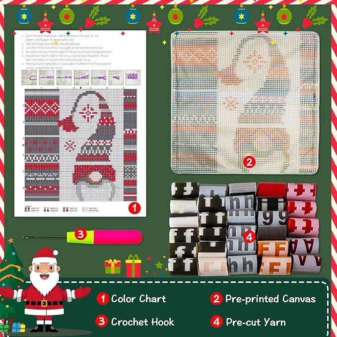 LAPATAIN Latch Hook Kits for DIY Throw Pillow Cover,Needlework Cushion Cover Hand Craft Crochet for Great Family 17X17inch Christmas Hat