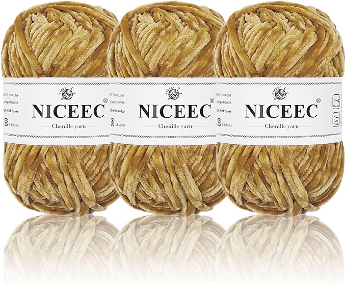 NICEEC 3 Skeins Soft Chenille Yarn Blanket Yarn for Knitting Fancy Yarn for Crochet Weaving DIY Craft Total Length 3×85m (3×93yds, 3×50g)_Light Brown