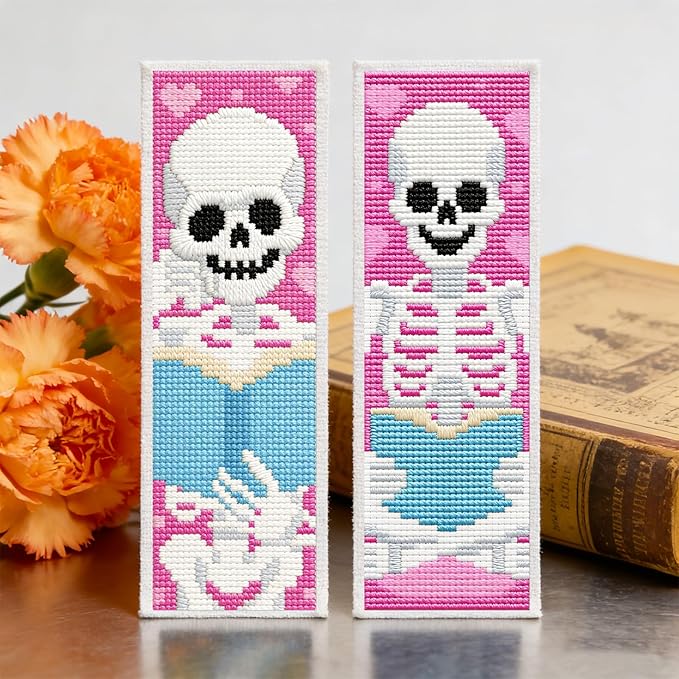 ACRNIGHEET 6PCS Cross Stitch Kits Stamped Cross Stitch Bookmark Kit for Beginner Adults Skull Reading Embroidery Bookmark Kit Needlepoint Kits with Instructions Book Lovers Craft Gift 8.5''x3'' 11CT