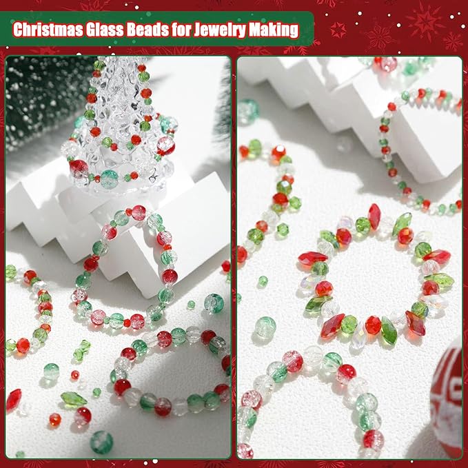 1000pcs Christmas Glass Beads for Jewelry Making Assorted Crystal Beads for DIY Crafts Bracelets Necklaces Earrings and Christmas Decorations Ornament Kits（Red Green White）