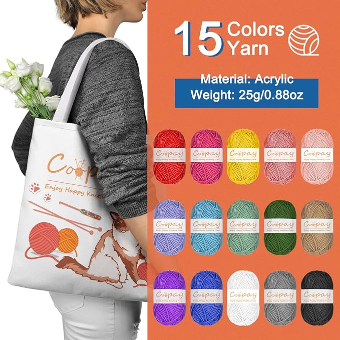 coopay crochet kit beginners crochet starter kit with 15 colors yarn, 71pcs crochet beginners set crochet kit for adults, cat canvas tote bag full crochet accessories & instructions