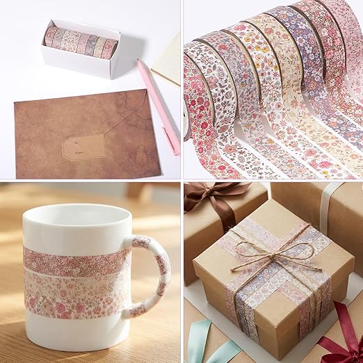 8 Rolls Flowers Arts Adhesive Tapes,Sakura Washi Tape Charming Vintage Washi Tape Set Thin Retro Decorative Masking Tapes for Journals Scrapbooking DIY Crafts Planners Gift Wrapping(Floral)