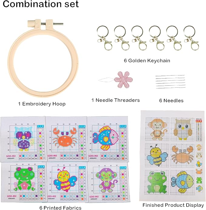 57lilina Cross Stitch Kits for Kids - 6 Set Easy Beginners Embroidery Kit for Kids, DIY Cute Pre Printed Stamped Crossstitch Needlepoint Patterns Craft for Backpack Charms, Keychains & Girls Gifts