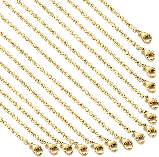 20 Pack Necklace Chains Gold Plated Stainless Steel Cable Chain Necklace Bulk for Jewelry Making, 20 Inches