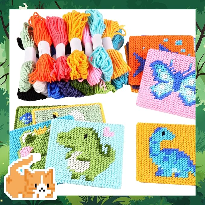 Pllieay 10-in-1 Cross Stitch Beginner Kit for Kids, Embroidery Kit Includes 10pcs Plastic Mesh Canvas with Pattern, 15 Yarns, 5 Weaving Needles, Needle Points Starter Sewing Set with Instructions