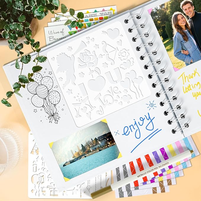 GOTIDEAL 7 x 7 Inch Scrapbook Album with Metallic Markers,40 Pages Kraft Paper Photo Albums for Wedding&Anniversary,Family DIY Scrap Books with Scrapbooking Stickers Corners(White)
