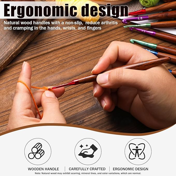 Giwrmu Crochet Hooks Set, Ergonomic Crochet Hooks 3 Pcs, Colored Aluminum Crochet Hook with Wooden Handle for Arthritic Hands Knitted Doll, Gloves, Sweaters, Blankets - 3.5mm/4.5mm/5.5mm
