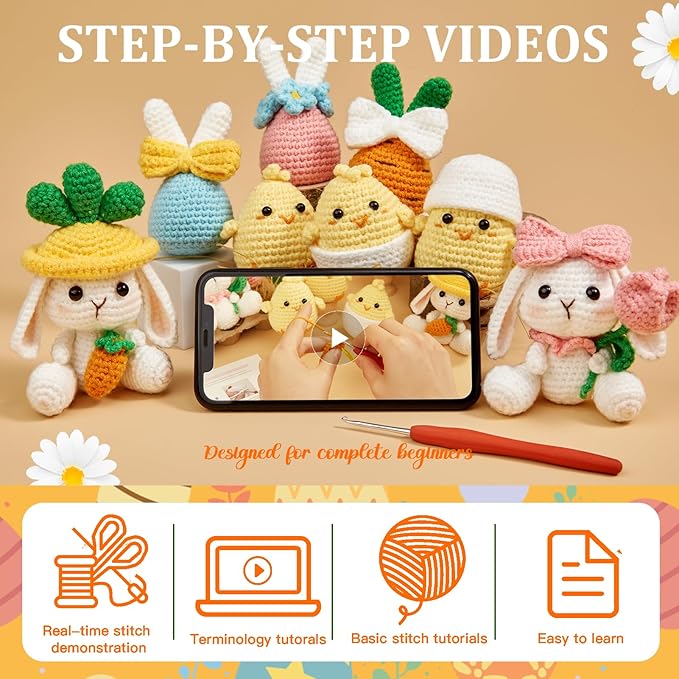 MAGIMUSE Crochet Kit for Beginners, Crochet Starter Kits for Adults Amigurumi Craft Knitting Crochet Animals Kits w Step-by-Step Video Tutorials, Easter Bunny/Chick/Eggs(40%+ Yarn)