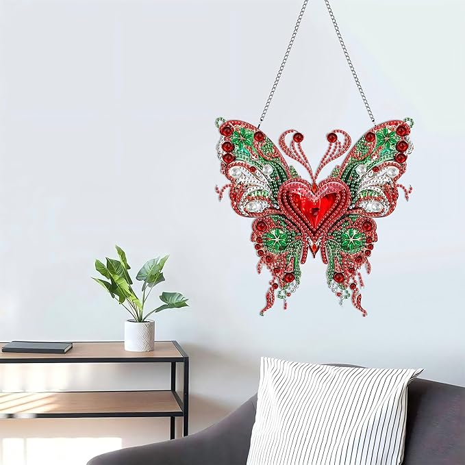 LOMSIOY Diamond Art Hanging Kit for Adult, Butterfly Front Door Sign Window Hanging for Outdoor, Animal Double Sided Summer Decor Suncatcers for Porch, Pendants for Garden Wall （8x8 Inch