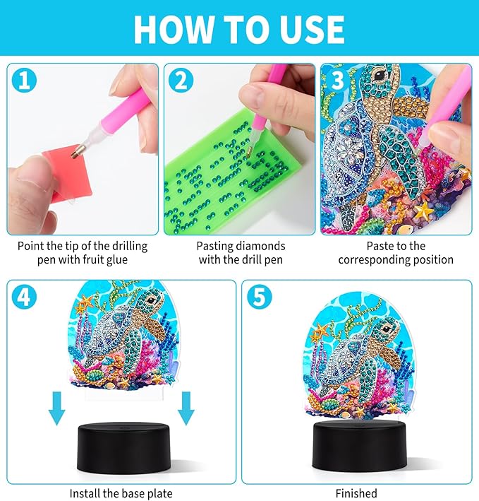 ALKALO Diamond Painting Night Light, Diamond Painting Kits for Adults Desktop Ornaments for Table Tabletop Decor Diamond Art Accessories for Adult Beginner Touch Lamp for Bedrooms Living Room- Turtle
