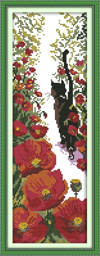 CaptainCrafts Cross Stitch Kits Counted Cross Stitch Unprinted 14CT Fabric Cross Stitching DIY Art DMC Needlecrafts Embroidery Kit for Adults Beginner (White, Red Flowers and Black Cat)