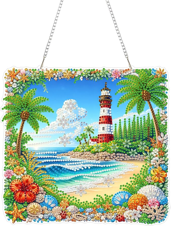 Yunzlly DIY Hanging Diamond Art Pendant Kit, Special Crystal Double Sided Diamonds Painting Ornament Kit for Adults, Acrylic Gem Painting Board for Window&Door&Wall (Lighthouse)