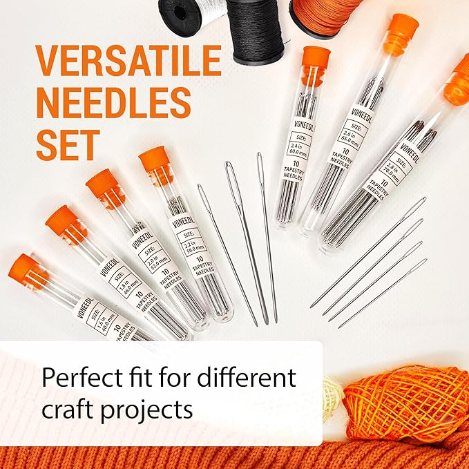 VONEEDL Large Eye Blunt Tapestry Needles (Pack of 70) - 7 Sizes with 7 Storage Tubes - Stainless Steel - Perfect for Darning, Embroidery, Cross-Stitching, Crafting, Knitting, Weaving, and DIY