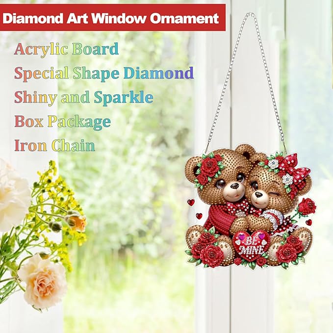 CEOVR Valentine's Day Diamond Painting Pendant, Loving Bears Hanging Diamond Art for Adults DIY Gem Art Wall Ornament, Acrylic Home Garden Decor with Chain, Box Kit 7.87×7.48inch