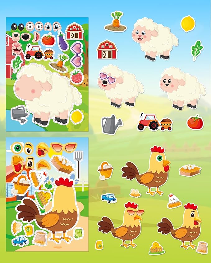 aowplc 48 sheets farm animal make‑a‑face stickers for kids & toddlers – 12 unique mix‑and‑match designs – farm party favors, birthday supplies, activities & crafts
