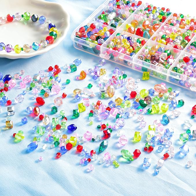 1500 Pcs Crystal Glass Beads for Jewelry Making – 12 Styles Bicone, Rondelle, Cube, Teardrop & 3mm Spacer Beads, DIY Bracelet Necklace Earring Craft Kit Random Colors(Multicolored)