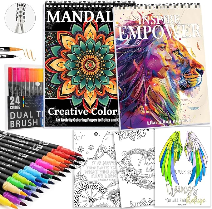 Adult Coloring Book for Women Relaxation, Spiral Bound Mindfulness Coloring Book with 24 Colors Markers for Adult, Anxiety Relief Gifts with 48 Pictures (Quotes & Mandala)