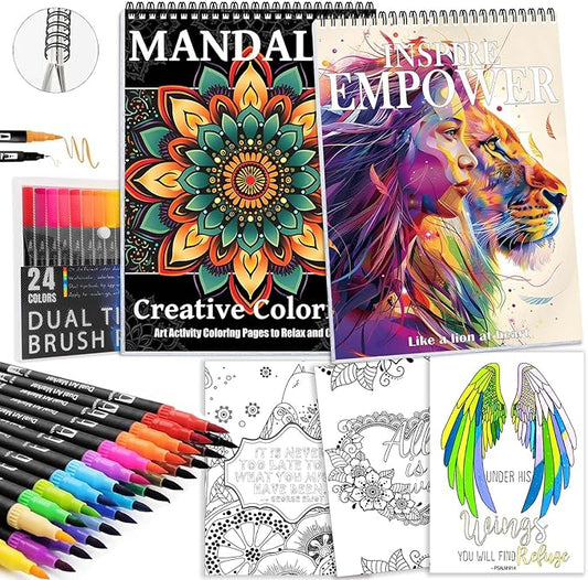 Adult Coloring Book for Women Relaxation, Spiral Bound Mindfulness Coloring Book with 24 Colors Markers for Adult, Anxiety Relief Gifts with 48 Pictures (Quotes & Mandala)
