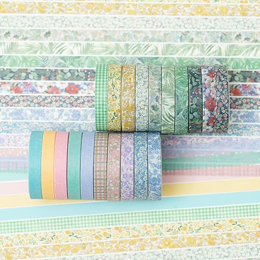 YUBX Vintage Washi Tape Set 20 Rolls Skinny Retro Decorative Antique Patterns Masking Tapes for Arts, DIY Crafts, Journals, Planners, Scrapbook, Wrapping (Nature)
