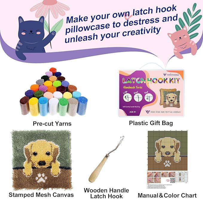 veirousa Labrador Puppy Latch Hook Kits for Adults Kids, Beginners DIY Trow Pillow Kit Pre-Printed Pillowcase Hook and Latch Rug Kits Needlework Cushion Cover for Home Sofa Decoration 17x17 inch