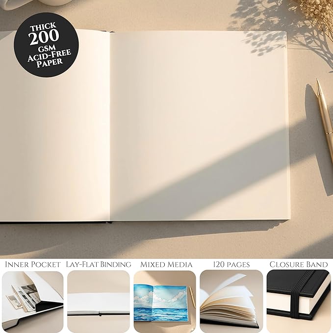 veway compact square sketchbook 7.5” x 7.5”, 200 gsm acid-free mixed media art journal for artists with vegan leather cover, lay-flat binding, 120 pages & gift box