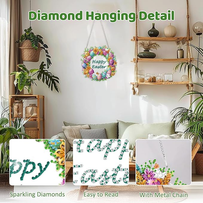 MEIYUDA Easter Egg Diamond Art Hanging Kits for Adult, Happy Easter Diamond Painting Hanging Kits Ornaments, DIY Special Shaped Rhinestone Window Pendant for Home Garden Wall Decor Gift