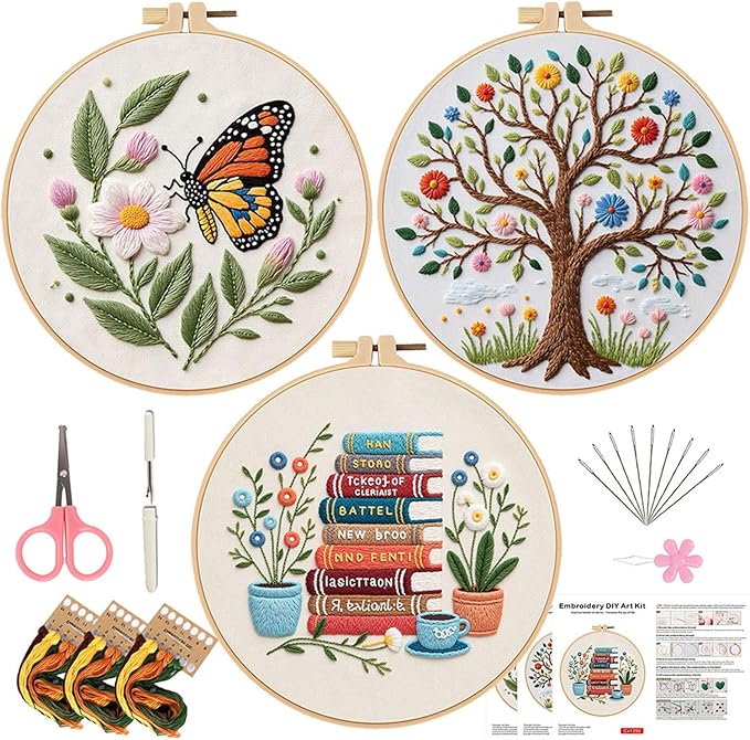 COCOMOX Embroidery Kit for Beginners, 3 Sets Cross Stitch Kits with Book Butterffly Tree Pattern, Hand Craft DIY Cross Stitches, Easy to Follow with Video Instructions