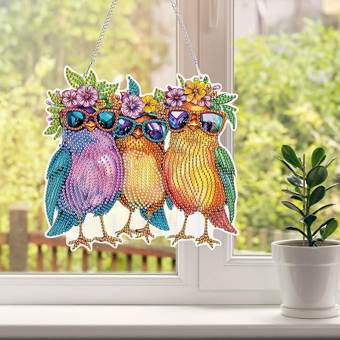 HEIBAGO Birds Hanging Diamond Art Kits for Adults, Fall Special Shaped Crystal Diamond Painting Ornament Kit, DIY Double-Sided Pattern Window Pendant Gem Art Kit for Home Wall Decor 8.3x8.3inch