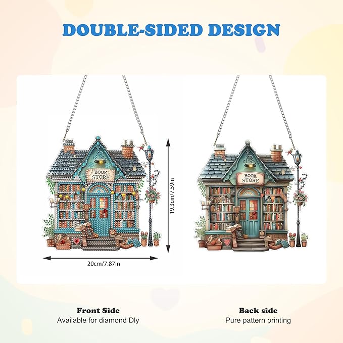 HEIBAGO Book Store Diamond Art Hanging Kits for Adults, Diamond Art Suncatchers, 5D Special Shape Diamond Painting Pendant, DIY Window Ornament Gifts for Home Garden Door Wall Decor 8.3 x 8.3 in