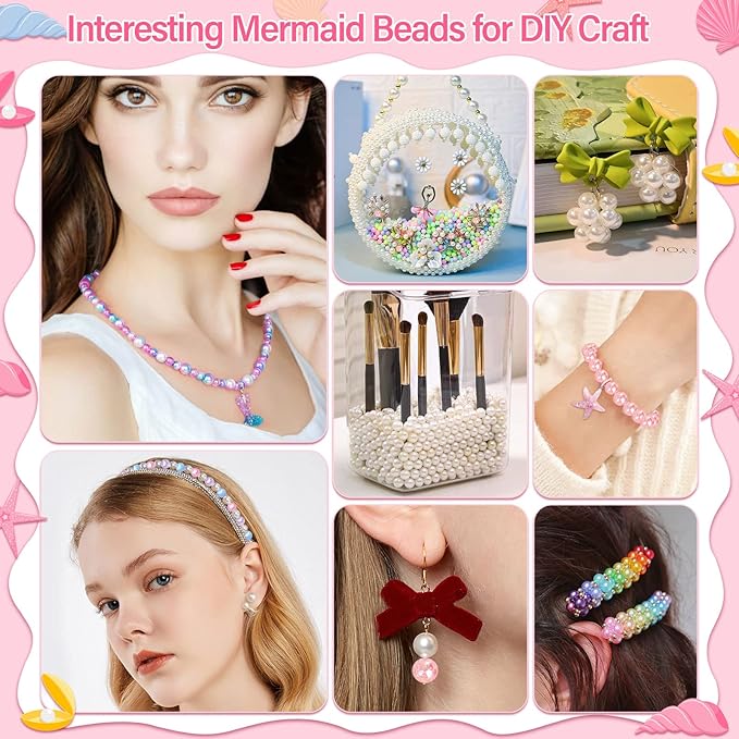 Qinzave 802Pcs Mermaid Beads Jewelry Making Kit, Mermaid-Inspired Beads & Charms Set with Elastic Strings and Tools, Bracelet & Necklace Craft Supplies (802 Pieces)