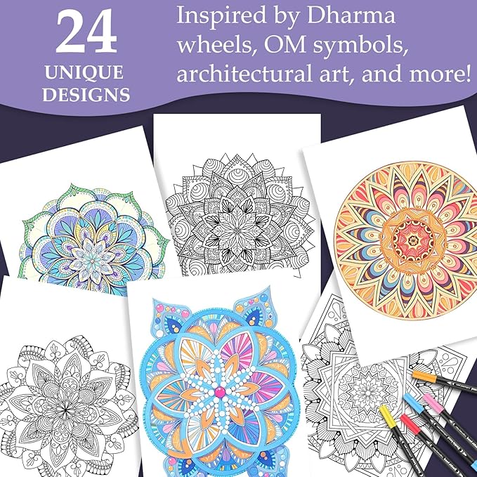 Mandala Coloring Book for Adults Relaxation, 24 Patterns Adult Coloring Books for Women Stress Relief, Inspirational Gift for Women & Men, Spiral Bound Mindfulness Coloring Book, Single-Sided Print