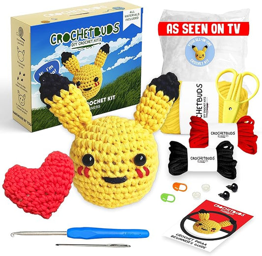Pika-Doo Crochet Kit | Beginner Level | Great for Couples, Date Night, Kids, Adults, & Anime Lovers | DIY Gift Kit | Heart Included | Instructions, Yarn, Hook, Video & Written Tutorial