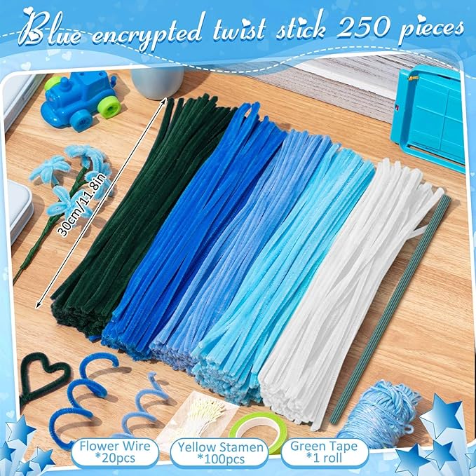 Peryiter 371 Pipe Cleaners Flowers Set, Mixed Colors Chenille Stems Bulk with Floral Wires, Gardening Tape, Stamen for DIY Flower Making Kit, Gift Idea for Mother's Day(Blue & Green)