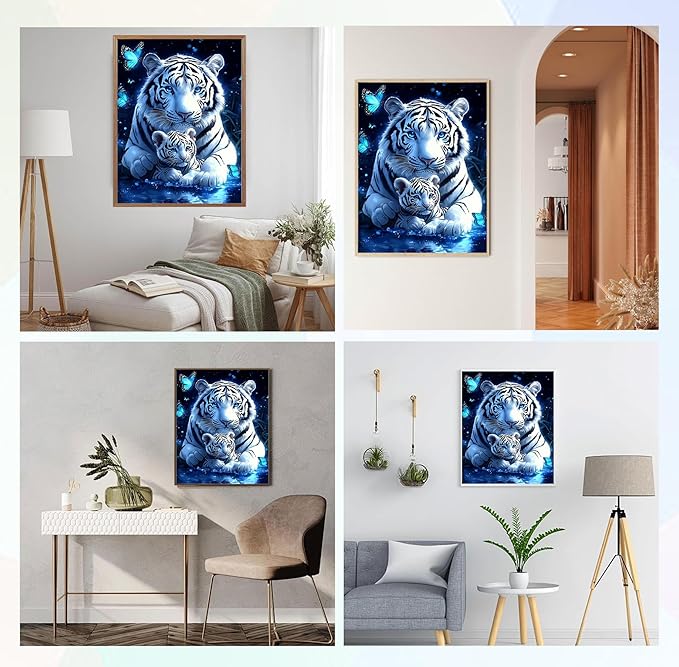 QENSPE 5D Diamond Art Tigers Theme DIY Round Full Drill Diamond Painting Kits for Beginners,Animal Diamond Dots for Adults,Home Wall Decor & Gift Perfect for Relaxation 12x16 inch