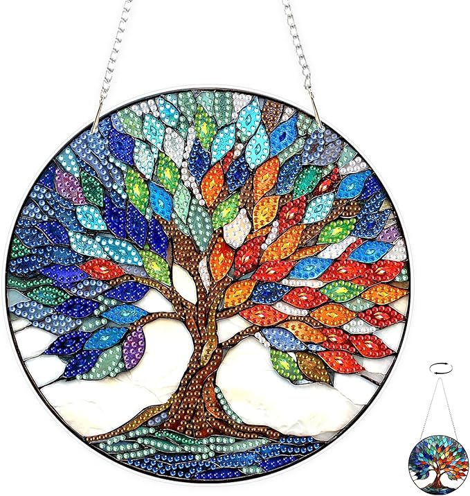 TOSTOG Diamond Art Hanging Kits for Adults, DIY Diamond Paintings for Adults Window Pendant, Special Shape Diamonds Colorful Tree of Life Diamond Paintings Hanging Pendant Kit for Wall Decor Gift