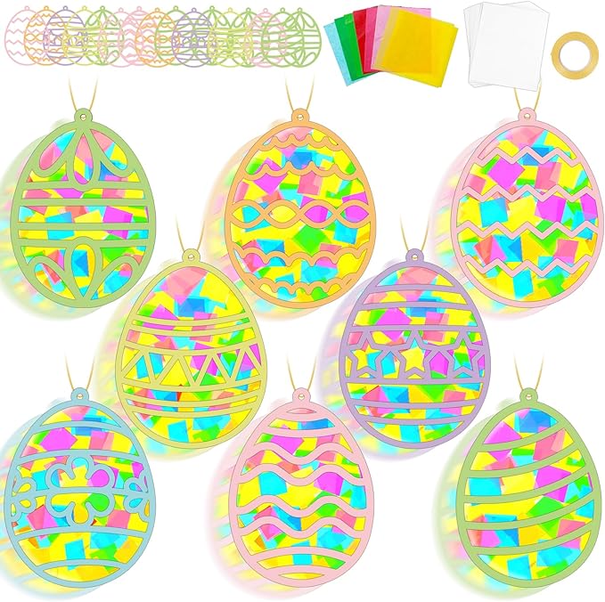 32 Sets Easter Egg Suncatchers Craft Kit DIY Window Stained Glass Effect Easter Egg Paper Crafts Home School Classroom Decoration Kid Birthday Gift Creative Art Project & Activity Game