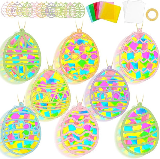 32 Sets Easter Egg Suncatchers Craft Kit DIY Window Stained Glass Effect Easter Egg Paper Crafts Home School Classroom Decoration Kid Birthday Gift Creative Art Project & Activity Game