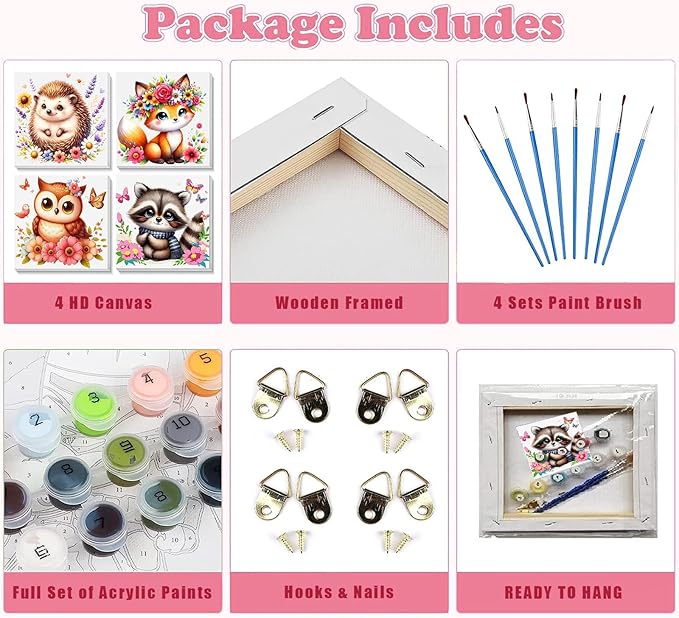4 Pack Animal Paint by Number for Kids with Wooden Frame, Paint by Numbers for Kids Animals Ages 4-8-12, Easy Owl Fox Hedgehog Raccoon DIY Acrylic Oil Painting Kits for Home Wall Decor (8X8 inch)