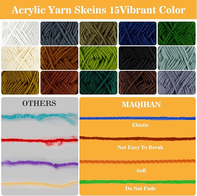 15 Pack x 20g Acrylic Yarn - Soft Knitting Yarn for Crocheting for Crafts Skeins for Crocheting DIY Bulk for Handicraft Knitting Scarves Ideal Gift for Beginners and Adults