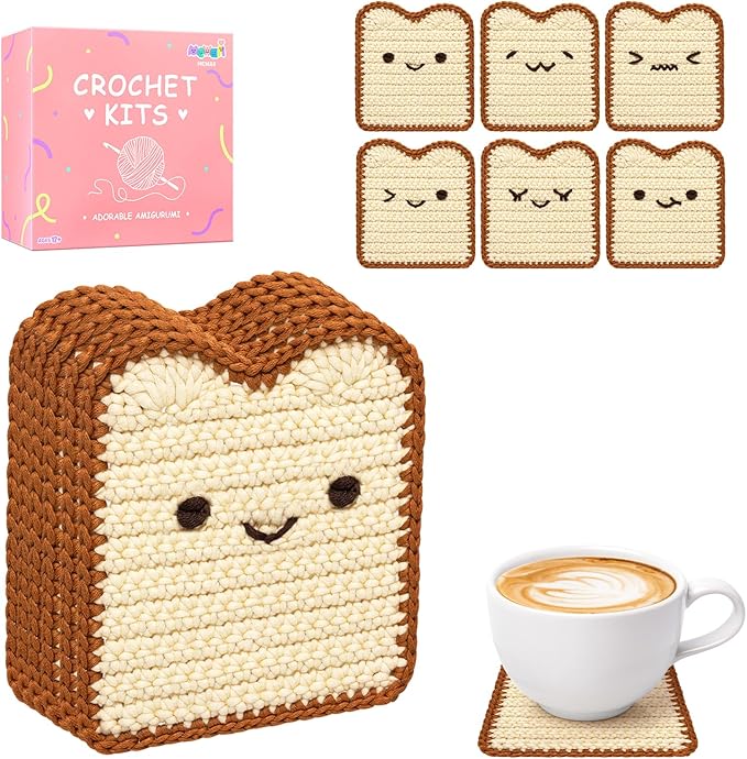 Mewaii Crochet Kit for Beginners Level 1 with 40% Extra Eco-Friendly Pre-Started Easy Yarn, Step-by-Step Video Tutorials for Adults and Kids (Toast Coaster)