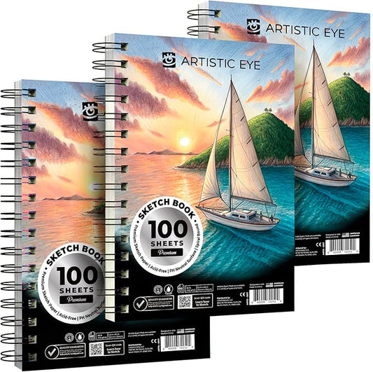 artistic eye 5.5x8.5” premium sketch book set, pack of 3 (300 sheets), 68lb (100gsm), spiral bound, acid-free drawing paper, perfect for most dry media, ideal for beginners & professionals (set of 3)
