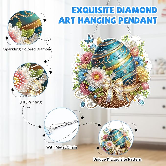 Bowetile Easter Diamond Art Hanging Kits for Adults, 5D Special Shape Diamond Painting Egg Kits, Easter Egg Diamond Gem Art Suncatchers Painting Pendant Home Decor, Gifts for Easter