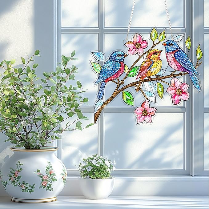 TOSTOG Diamond Art Hanging Kits for Adults, DIY Acrylic Diamond Paintings for Adults Window Pendant, Bird Diamond Art Kits, 5D Diamond Paintings Hanging Pendant Kit Gem Painting Wall Decor and Gift