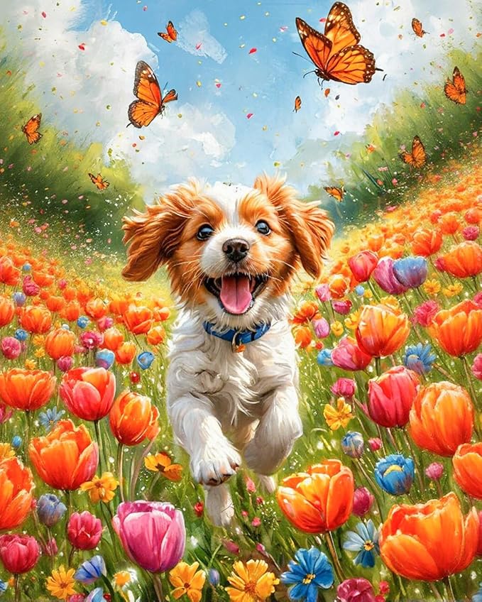 Okarina Paint by Numbers Kit for Adults Beginner Dog, Flowers Adult Paint by Number Kits on Canvas, Happy Puppy DIY Acrylic Oil Painting by Numbers for Adults, Perfect for Home Wall Decor 16X20 Inch