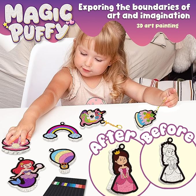MZYTOZA 3D Art Kit Aqua Magic Puffs Princesses & Unicorns, Stocking Stuffers, 15 Mess-Free Paint by Number Craft for Kids, Christmas Gift Idea & Stocking Stuffer, Art Projects with Puff Markers
