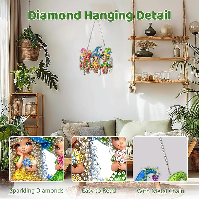 MEIYUDA Fairy Diamond Art Hanging Kits for Adult, Flowers Elf Diamond Painting Hanging Kits Ornaments, DIY Special Shaped Rhinestone Window Pendants Kit for Home Garden Wall Decor Gift