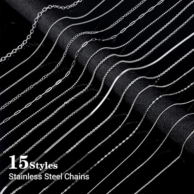 COMNICO 15 Rolls 79 FT Necklace Chains for Jewelry Making, Stainless Steel Chains Bulk Link Plated Permanent Jewelry Making Accessories with Jump Rings for DIY Necklace Earring Bracelet