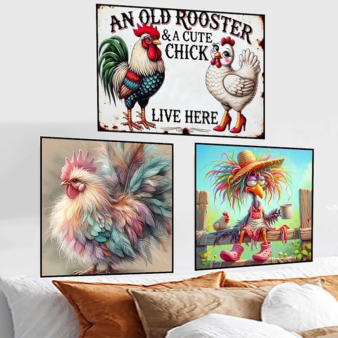 Meothan 3 Pack Diamond Art Kits for Adults, Chicken Diamond Painting Kits for Adults, 5D DIY Round Drill Gem Art Paint with Diamonds Dots Crafts Kits for Home Decor Gift 12x16in and 14x14in